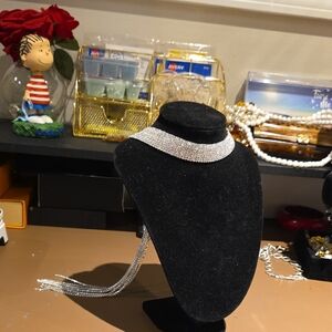 Source Unknown Silver Crystal Tassel Choker Necklace
